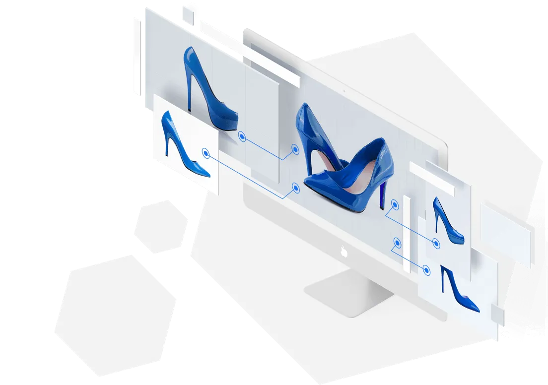 Digital illustration of computer monitor displaying high heels, with images of similar shoes emerging from the screen.