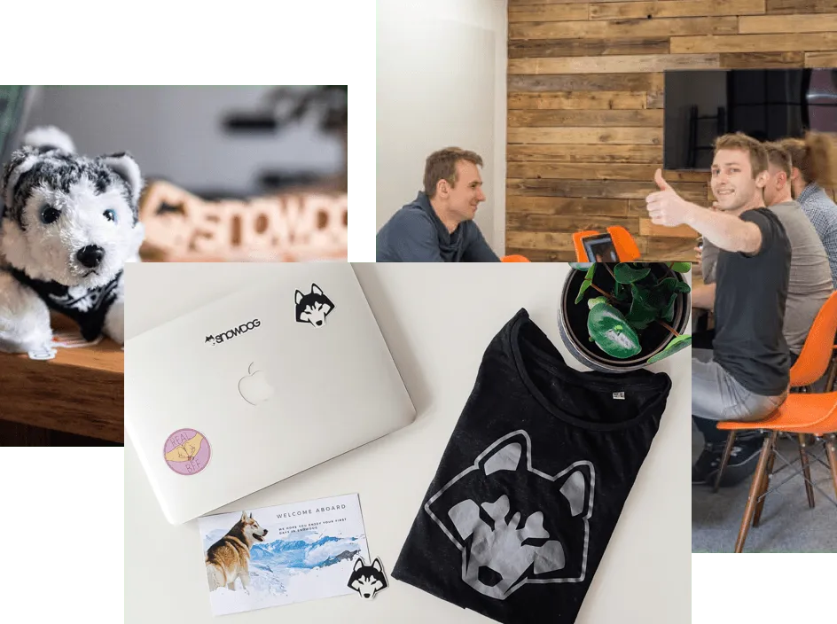 Collage of three photos: 1st -  small plush husky dog; 2nd - people sitting in a conference room, one man showing thumbs up; 3rd - computer with Snowdog stickers, Snowdog Card and T-shirt with big Snowdog logo.