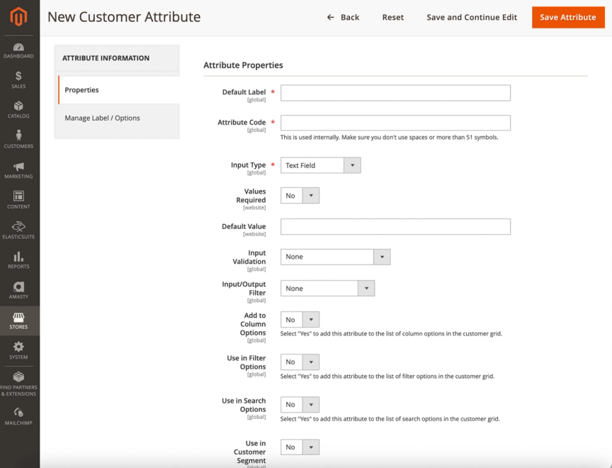 New customer attribute view in Magento dashboard