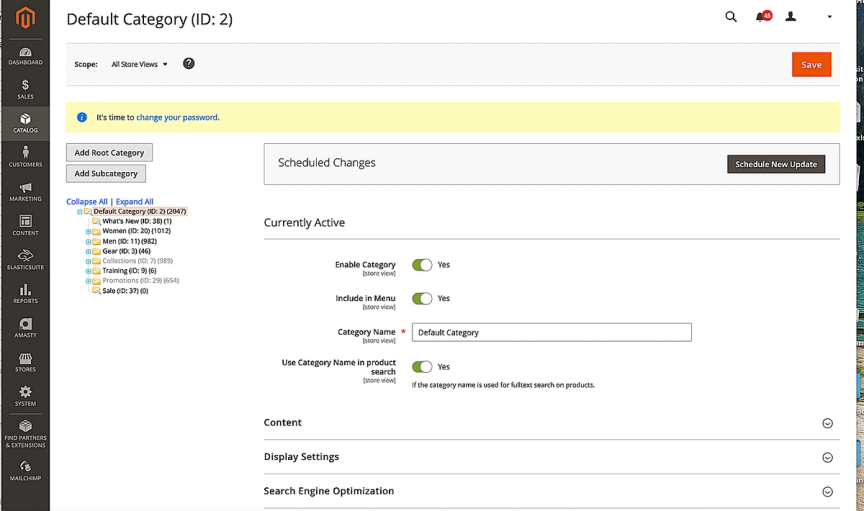 Categories view in Admin panel